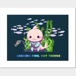 Cute axolotl fishing in the sea among seaweed Posters and Art